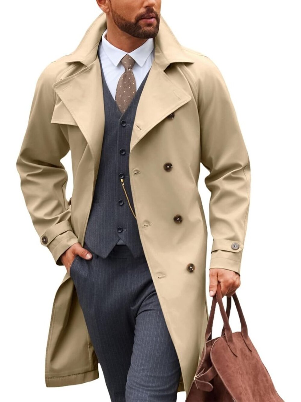 🆕 Mens Light Khaki Trench Coat Double Breasted Notch Lapel Casual Fall Long Ove